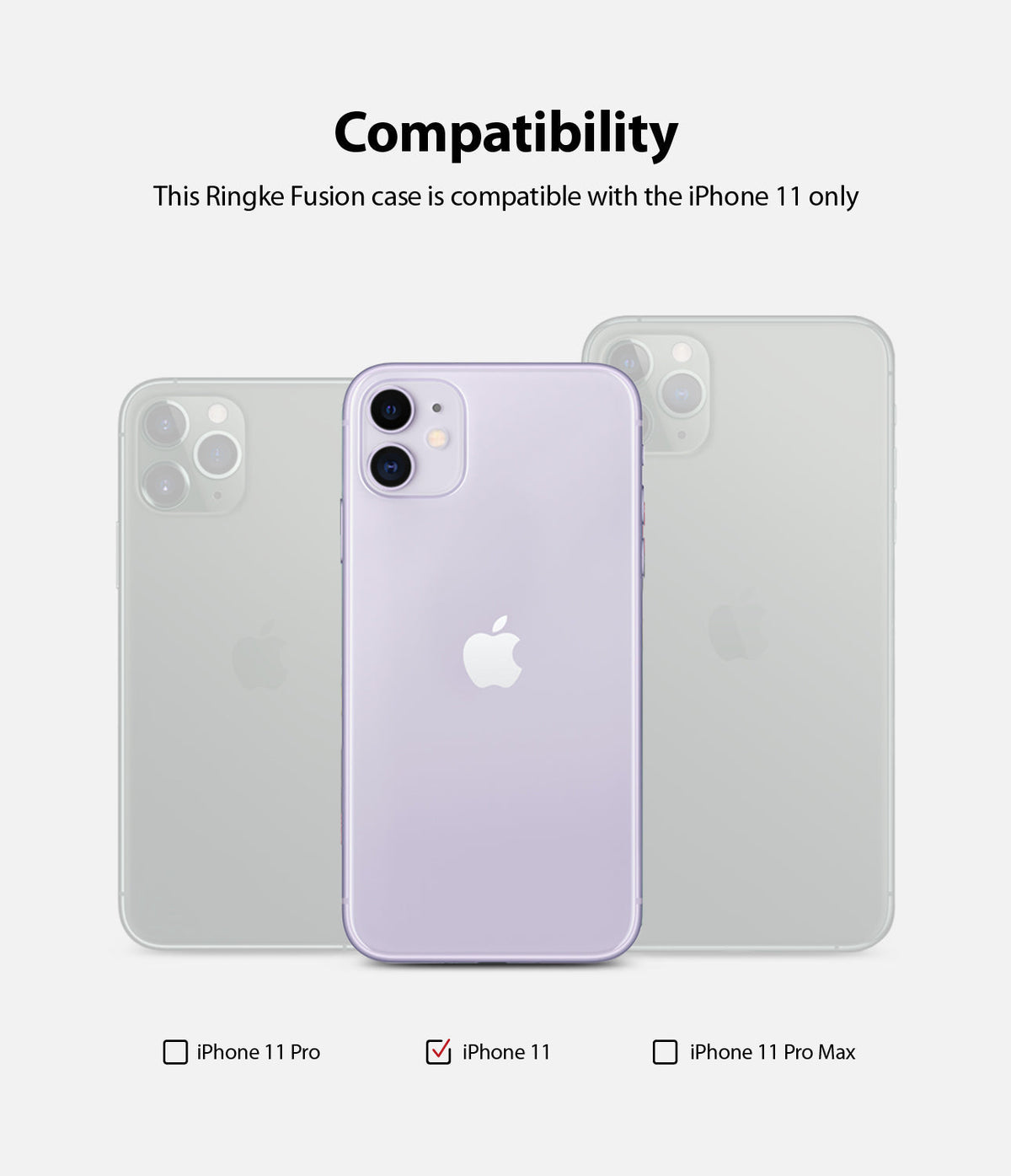 iPhone 11 Case | Fusion Matte - Compatibility chart showing a purple iPhone 11 selected over iPhone 11 Pro and Pro Max models.