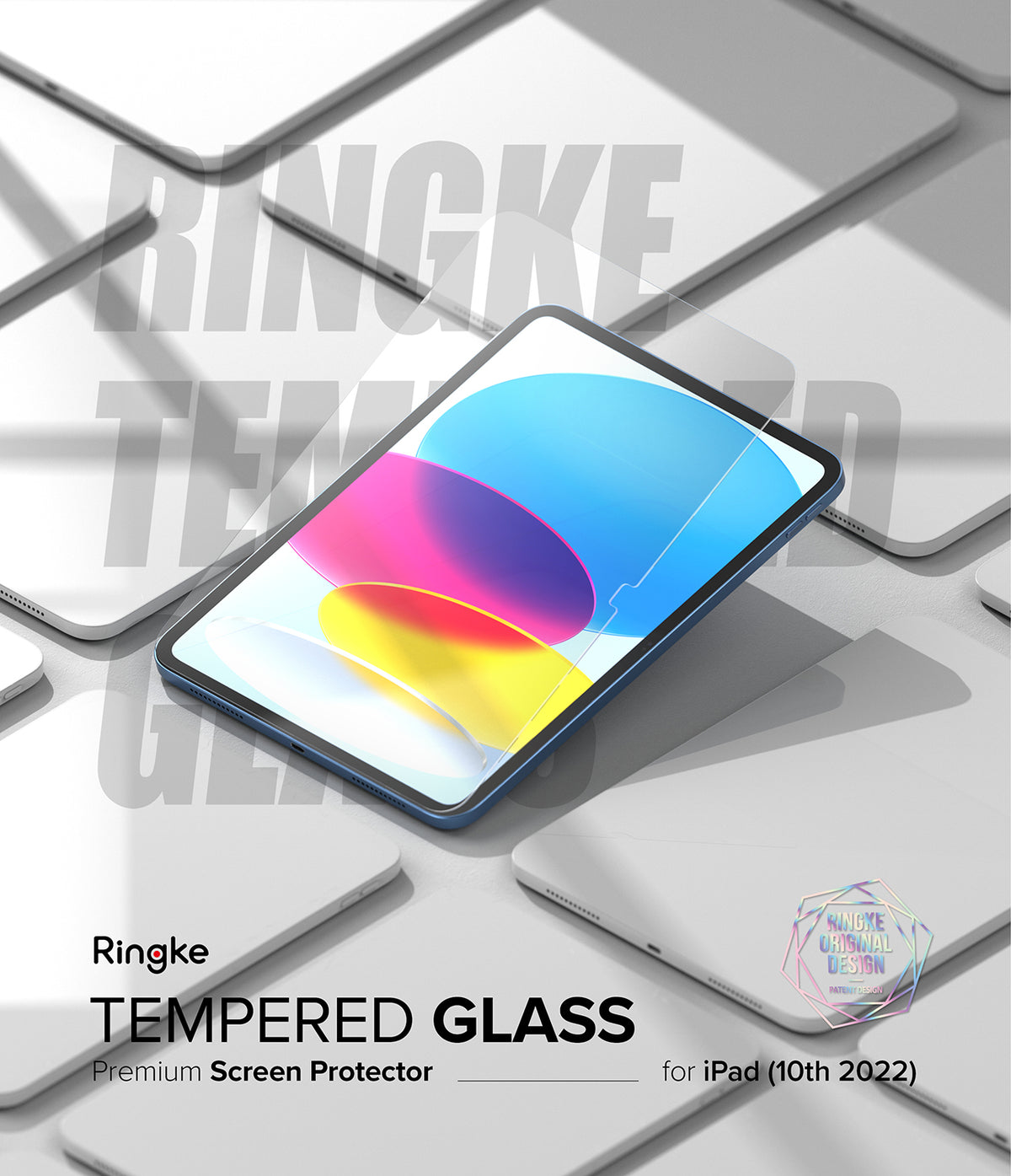 Tempered Glass | iPad - iPad with a clear screen protector applied, surrounded by multiple blank tablet outlines on a gray surface.