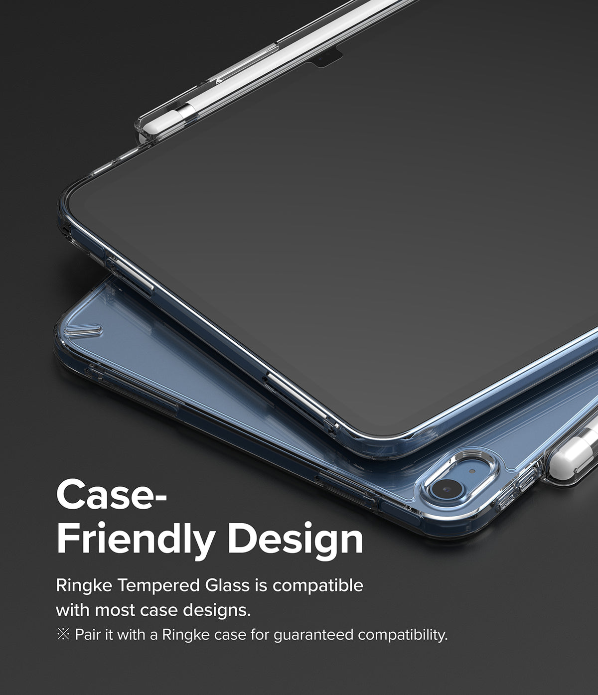 Tempered Glass | iPad - iPad with screen protector inside a clear case, showing case-friendly design compatibility.