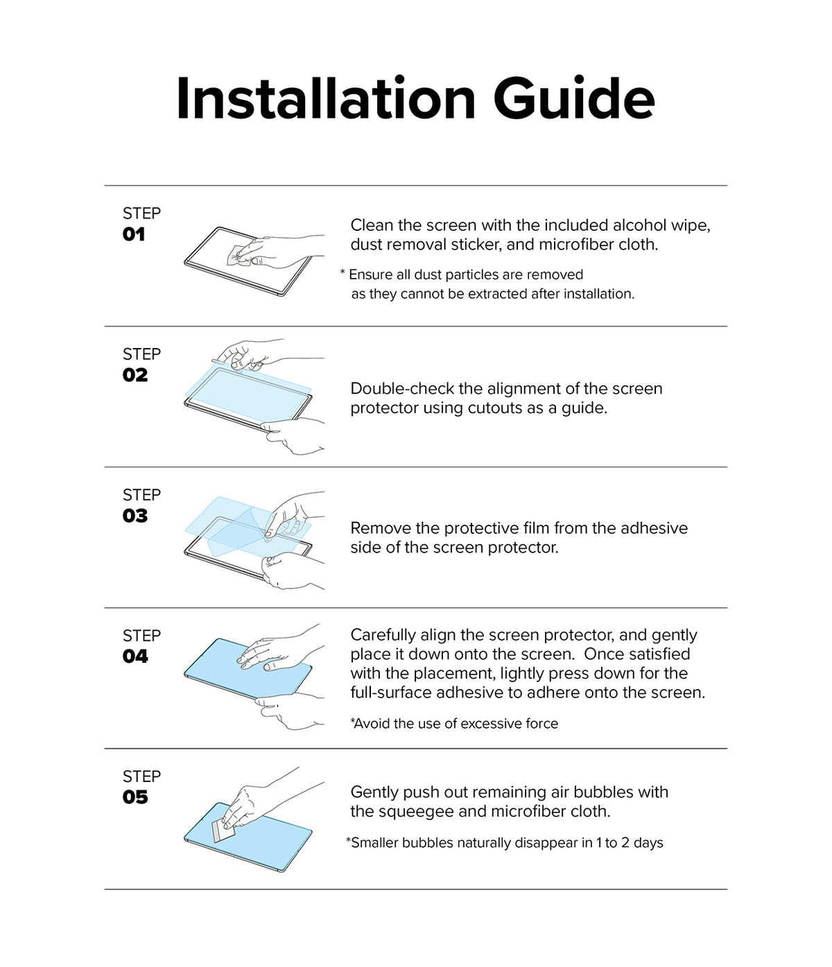 Tempered Glass | iPad - Five-step illustrated guide showing how to clean, align, peel, apply, and smooth a screen protector.