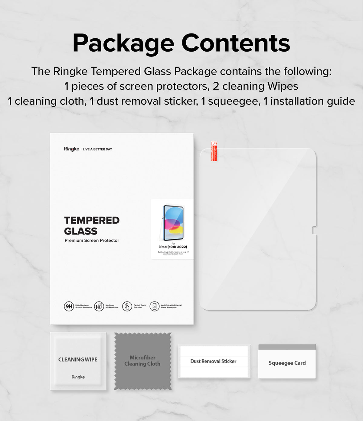 Tempered Glass | iPad - Ringke screen protector kit with glass, cleaning wipes, cloth, dust sticker, and squeegee card.
