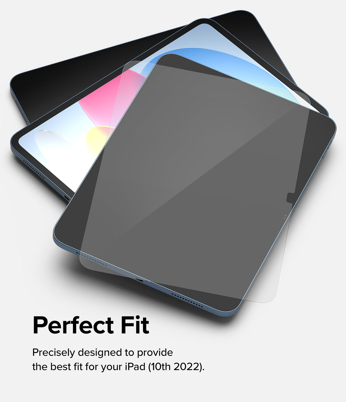 Tempered Glass | iPad - A clear tempered glass screen protector hovering above an iPad 10th generation on a white background.