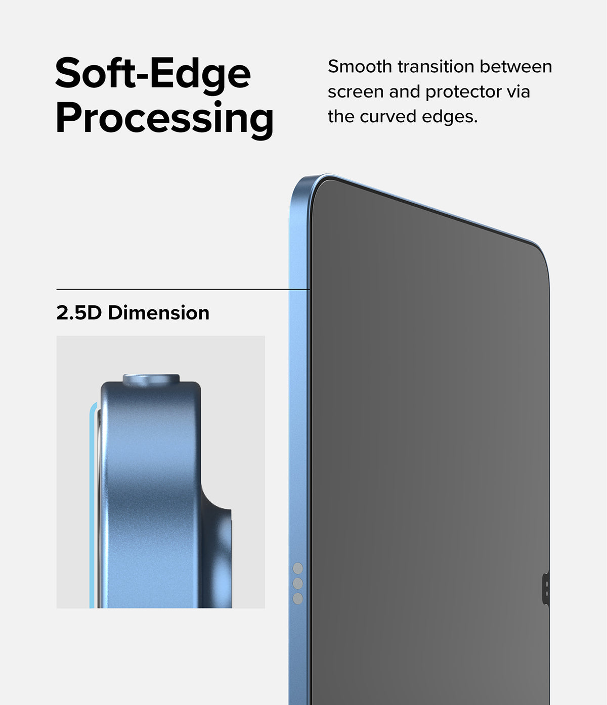 Tempered Glass | iPad - Close-up of a tablet with a 2.5D curved-edge screen protector showing a smooth, seamless transition.