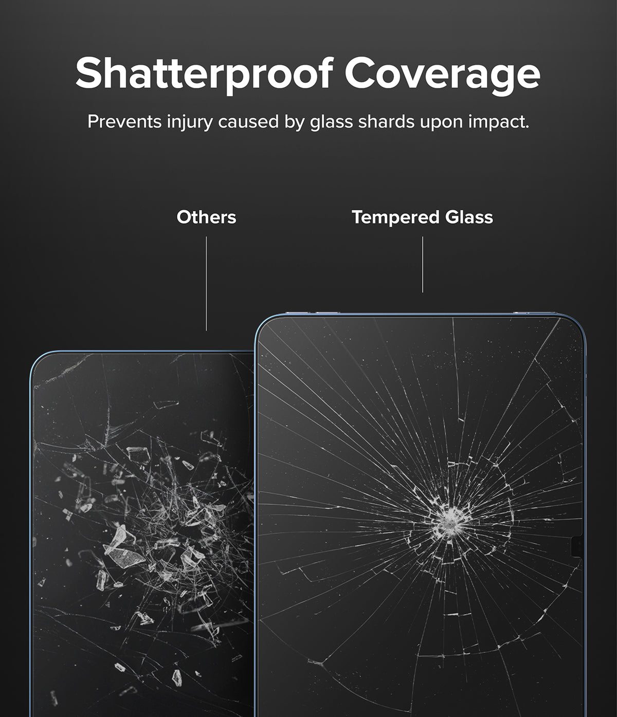 Tempered Glass | iPad - Comparison showing shattered standard glass versus crack-resistant tempered glass on an iPad.