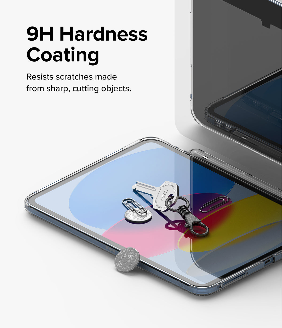 Tempered Glass | iPad - Keys, coins, and a paperclip resting on an iPad screen to demonstrate 9H hardness scratch resistance.