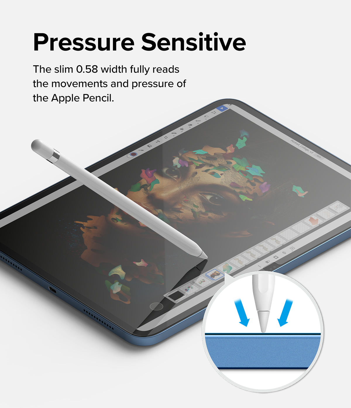 Tempered Glass | iPad - Apple Pencil drawing on an iPad screen with a circular inset showing pressure sensitivity.