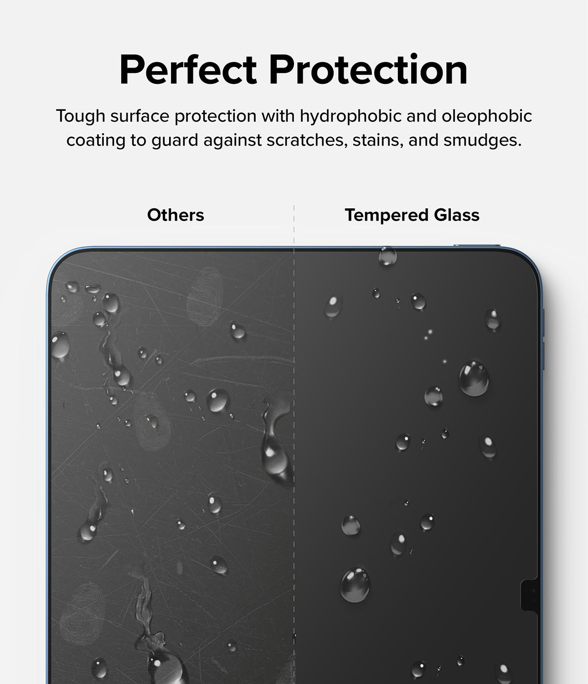 Tempered Glass | iPad - Comparison of a scratched screen with smudges versus a clean, water-repellent tempered glass surface.