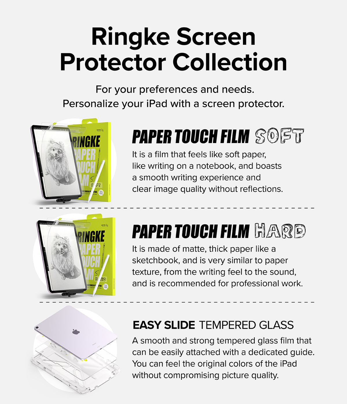 Paper Touch Film Hard | iPad - Comparison chart showing Ringke screen protectors for iPad, including Paper Touch Soft, Hard, and Tempered Glass.