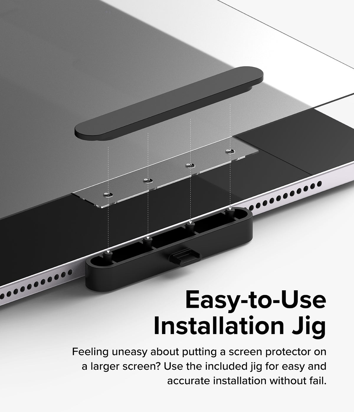 Paper Touch Film Hard | iPad - iPad screen protector installation jig aligning with the device edge for precise application.