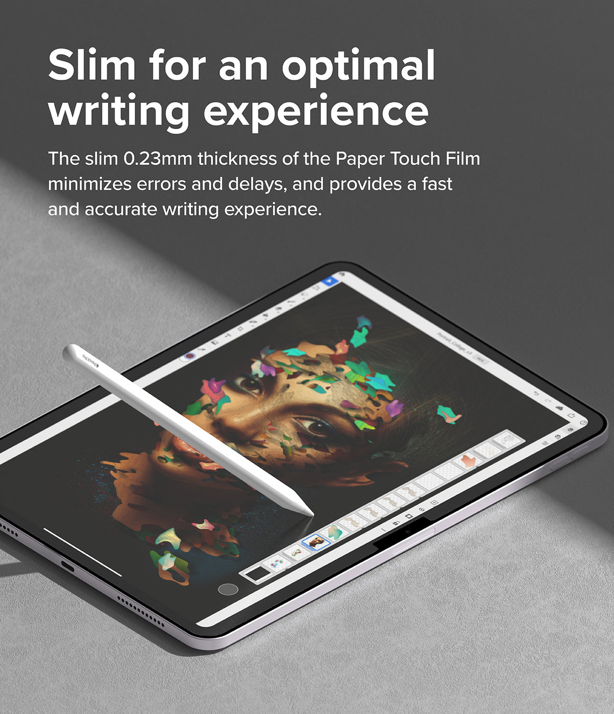 Paper Touch Film Hard | iPad - iPad screen with a stylus drawing a portrait, featuring text about its slim, accurate writing feel.