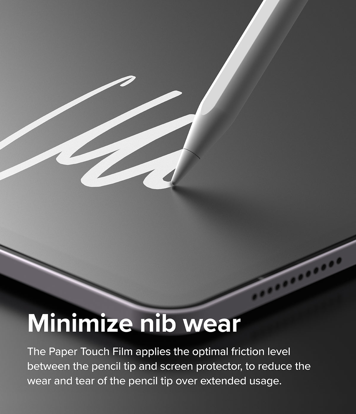 Paper Touch Film Soft | iPad - White stylus drawing on a matte iPad screen protector with text about minimizing nib wear.