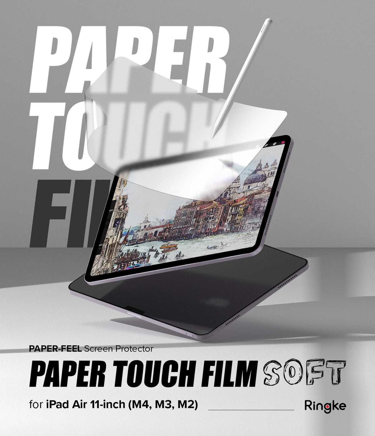 Paper Touch Film Soft | iPad - iPad screen protector being applied to an iPad displaying a watercolor painting of Venice.