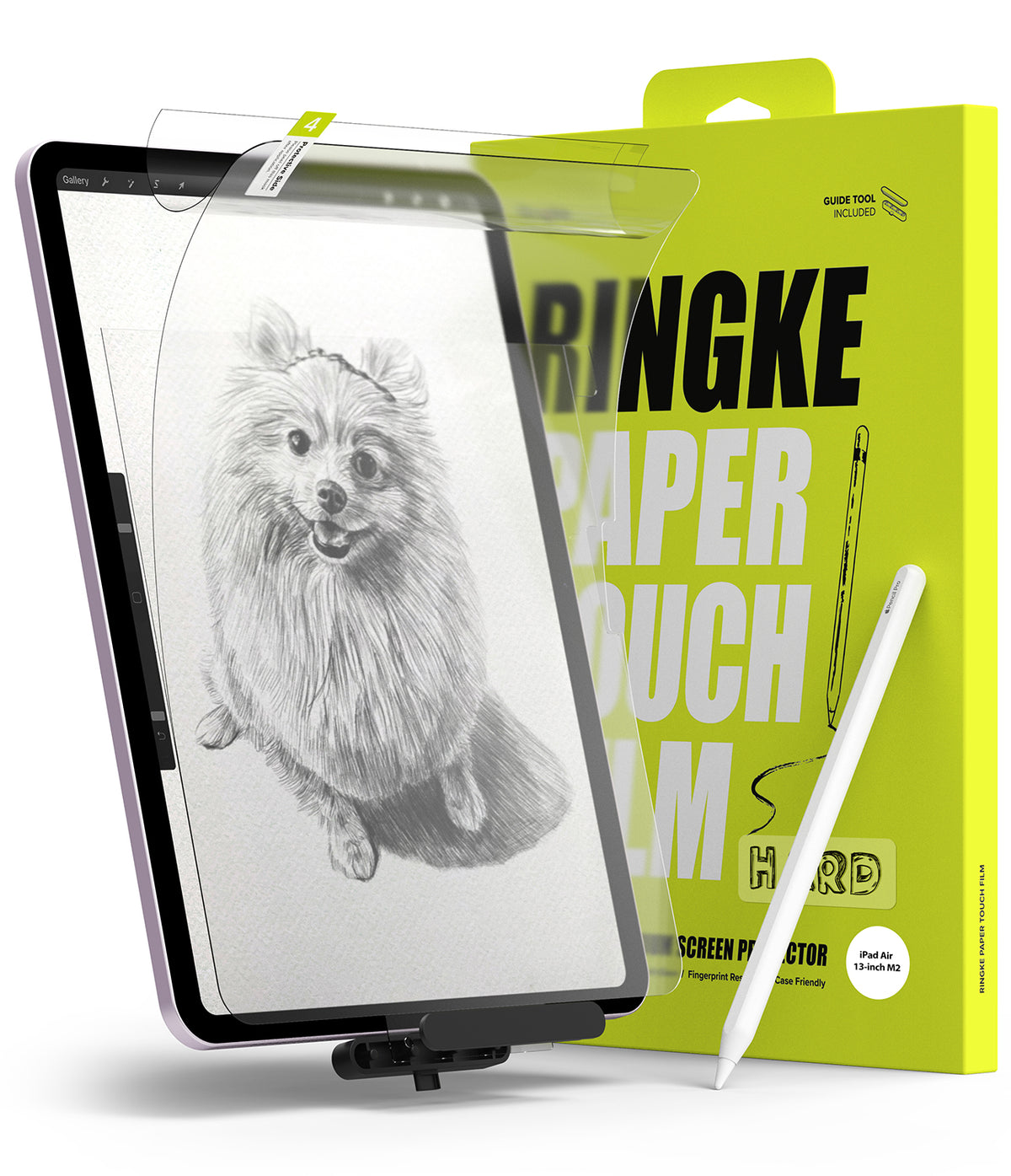 Paper Touch Film Hard | iPad - iPad screen protector being applied to an iPad displaying a dog sketch next to its lime green box.