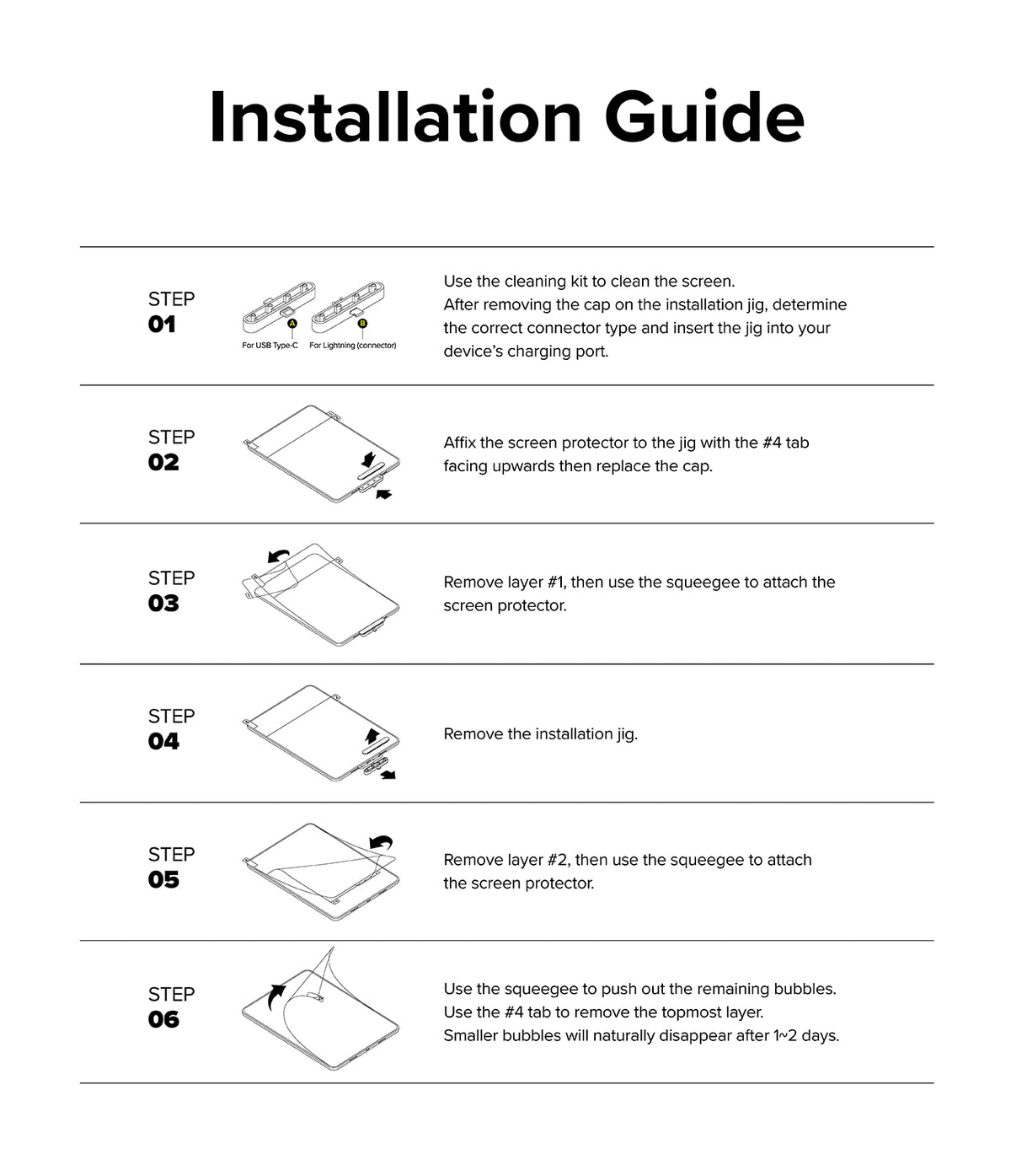 Paper Touch Film Hard | iPad - Six-step illustrated guide for installing an iPad screen protector using an alignment jig and squeegee.