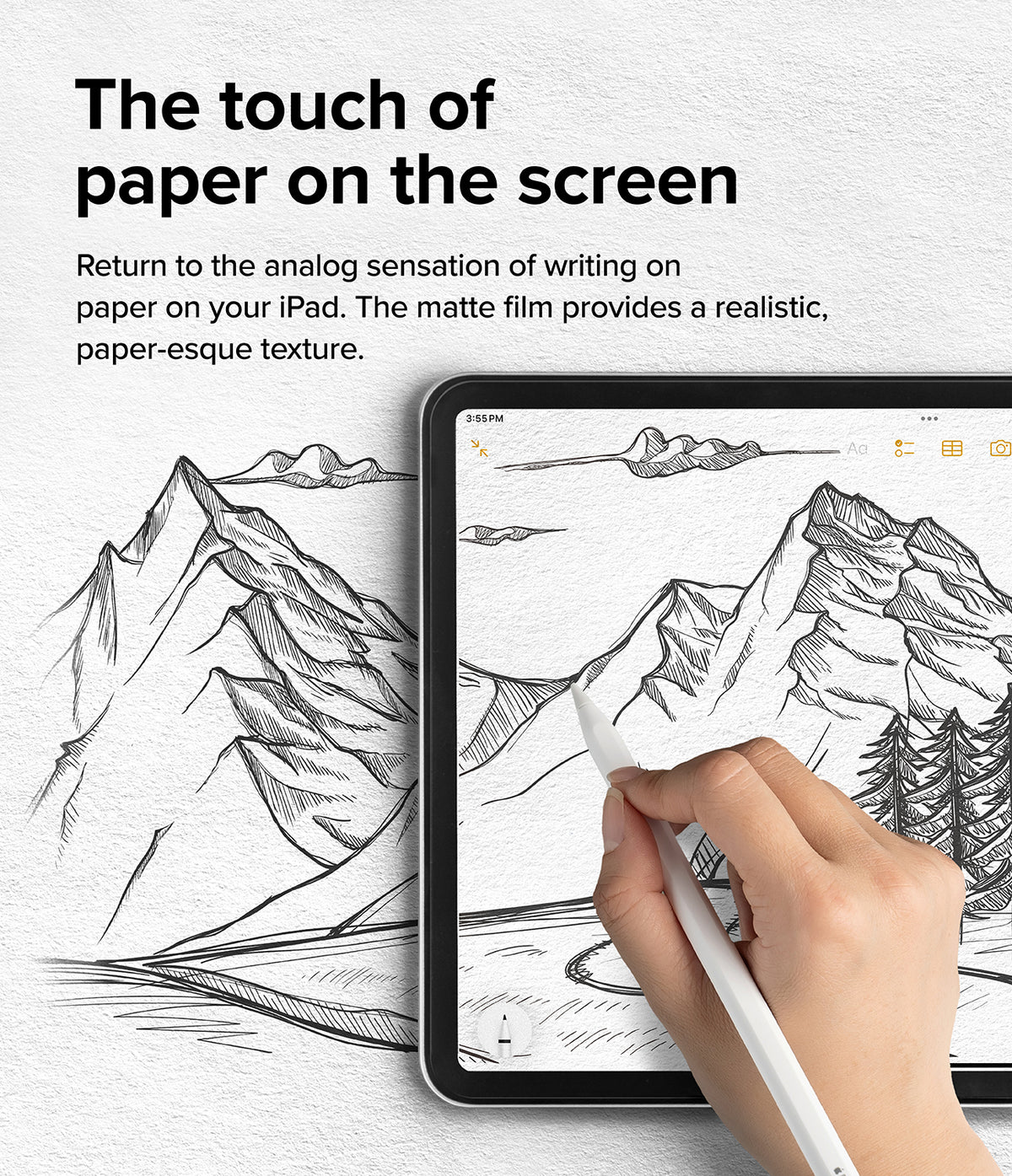 Paper Touch Film Hard | iPad - Hand using a stylus to draw a mountain landscape on an iPad with a matte, paper-like screen film.