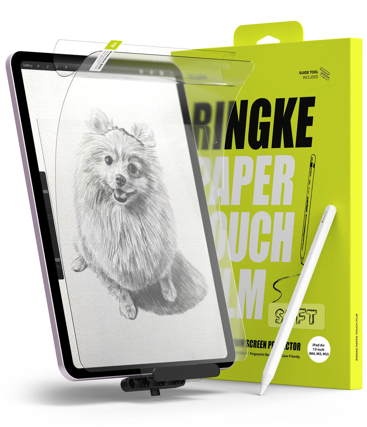 Paper Touch Film Soft | iPad - iPad screen protector being applied to an iPad displaying a dog sketch, with its bright green packaging.