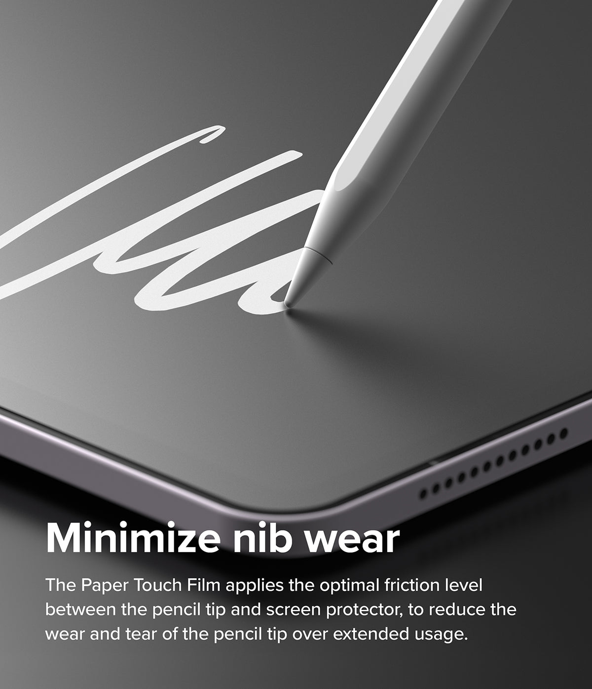 Paper Touch Film Soft | iPad - White stylus tip drawing a white line on a matte grey iPad screen protector.