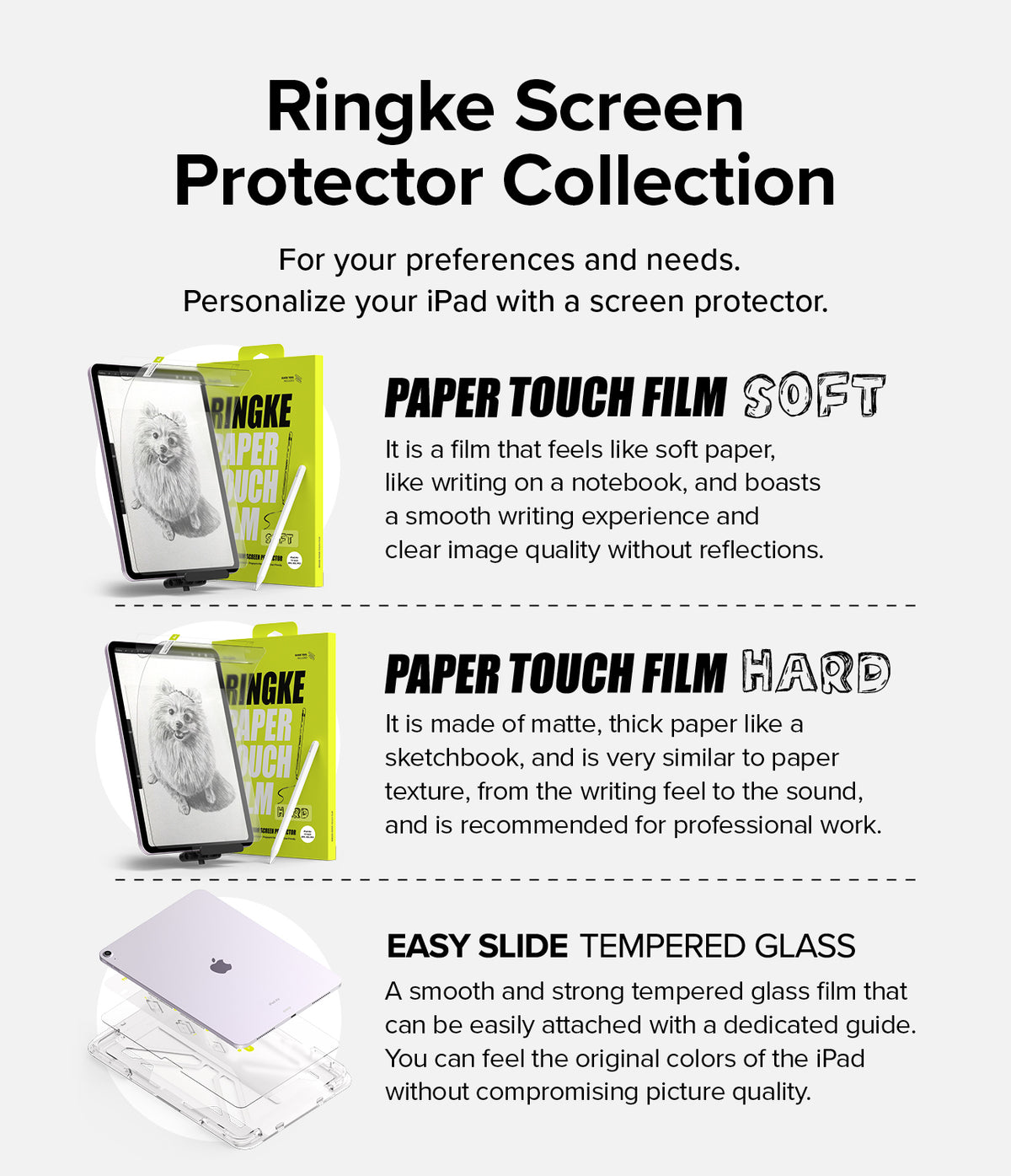 Paper Touch Film Soft | iPad - Comparison chart of Ringke iPad screen protectors including Paper Touch Soft, Hard, and Glass.