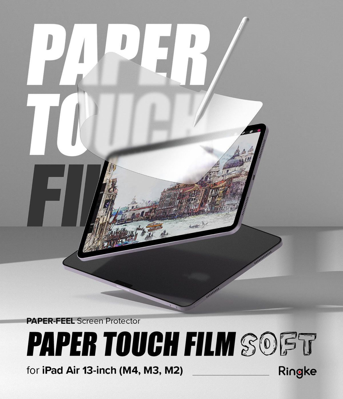 Paper Touch Film Soft | iPad - iPad screen protector being applied with a stylus, showing a detailed Venice canal illustration.