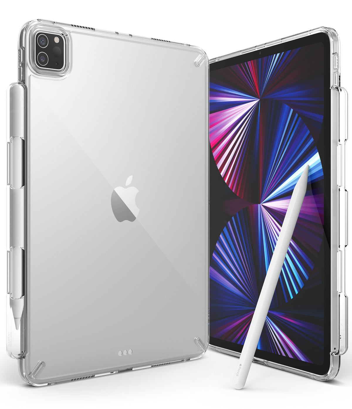 Fusion | iPad - Clear protective case on an iPad with a stylus pen attached to the side.