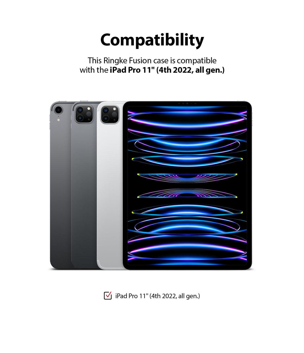 Fusion | iPad - Three iPad Pro 11-inch tablets in different colors displayed to show compatibility with the Ringke Fusion case.