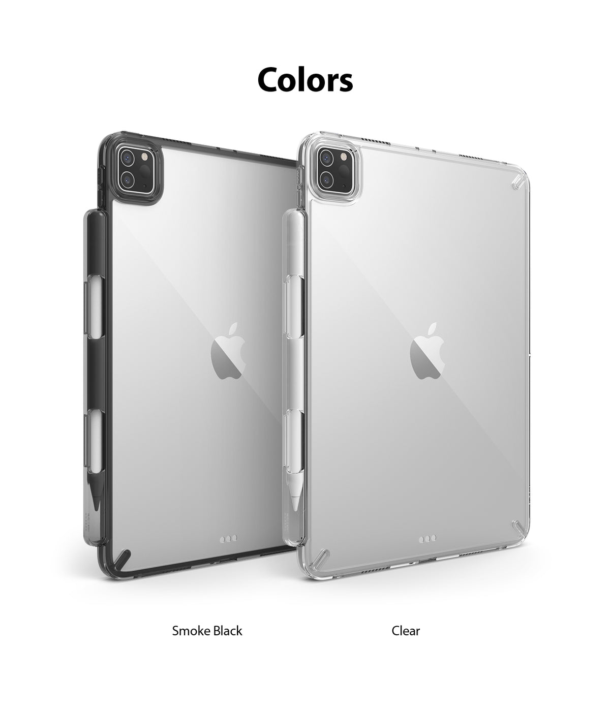 Fusion | iPad - Two iPads in smoke black and clear protective cases with stylus holders, displayed side-by-side.