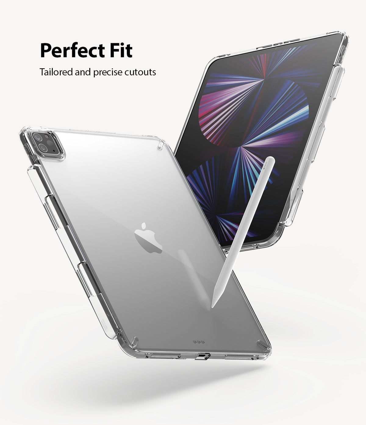 Fusion | iPad - Clear protective case on an iPad with a stylus, highlighting precise cutouts and a perfect fit.