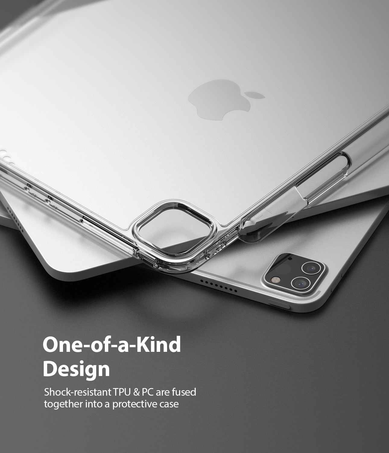 Fusion | iPad - A clear, shock-resistant protective case fitted onto a silver iPad, highlighting the camera cutout and buttons.