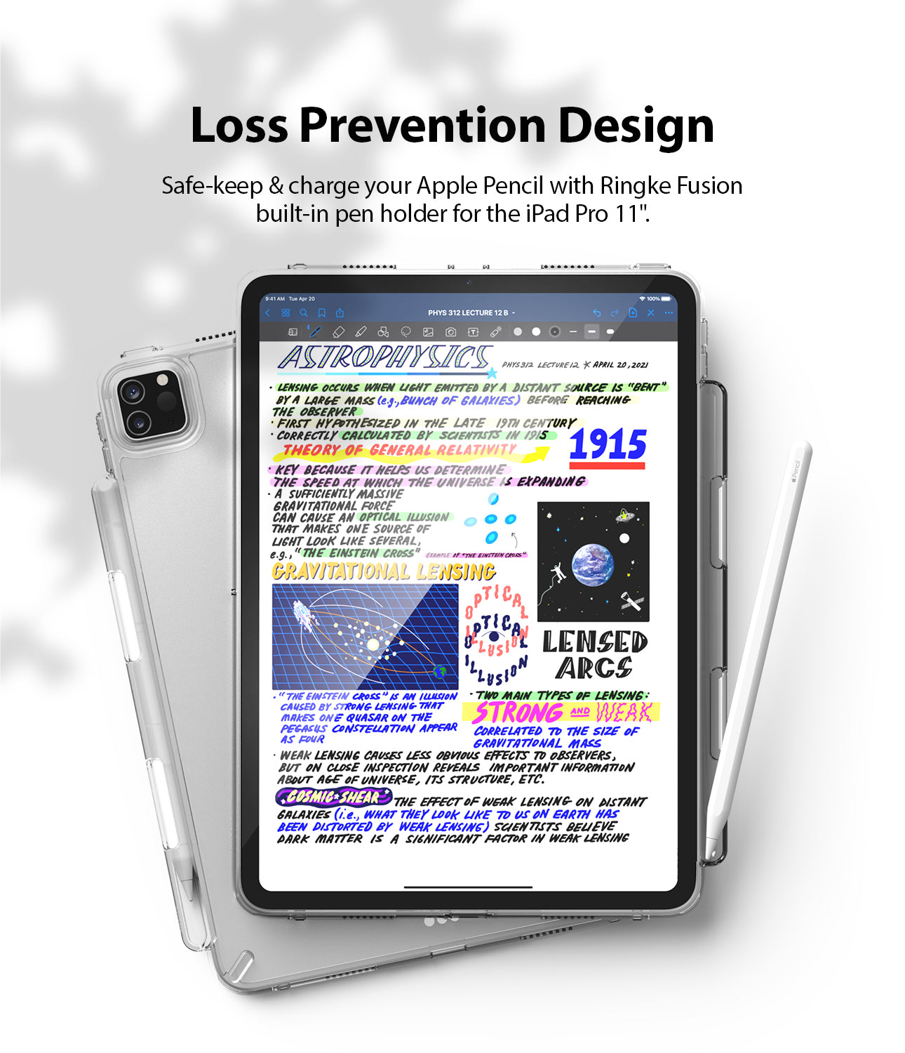 Fusion | iPad - iPad Pro 11 in a clear case with a built-in holder securing an Apple Pencil, displaying astrophysics notes.