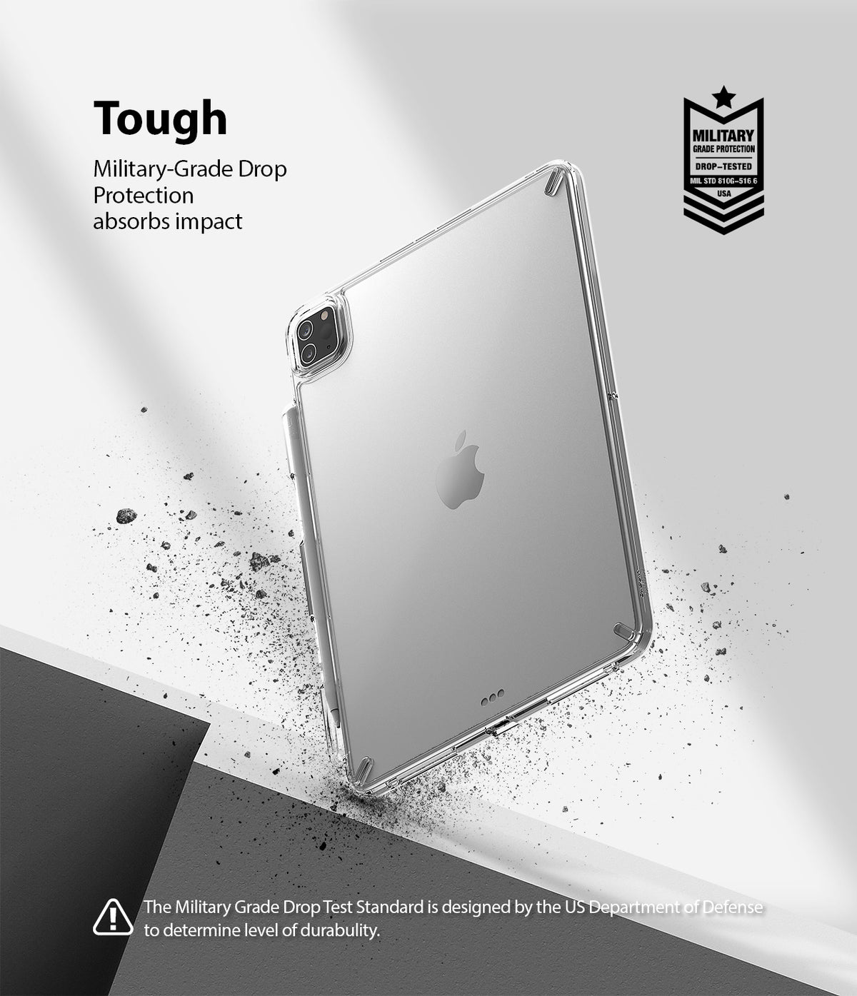 Fusion | iPad - Clear protective iPad case with military-grade drop protection badge and debris effect on a gray background.