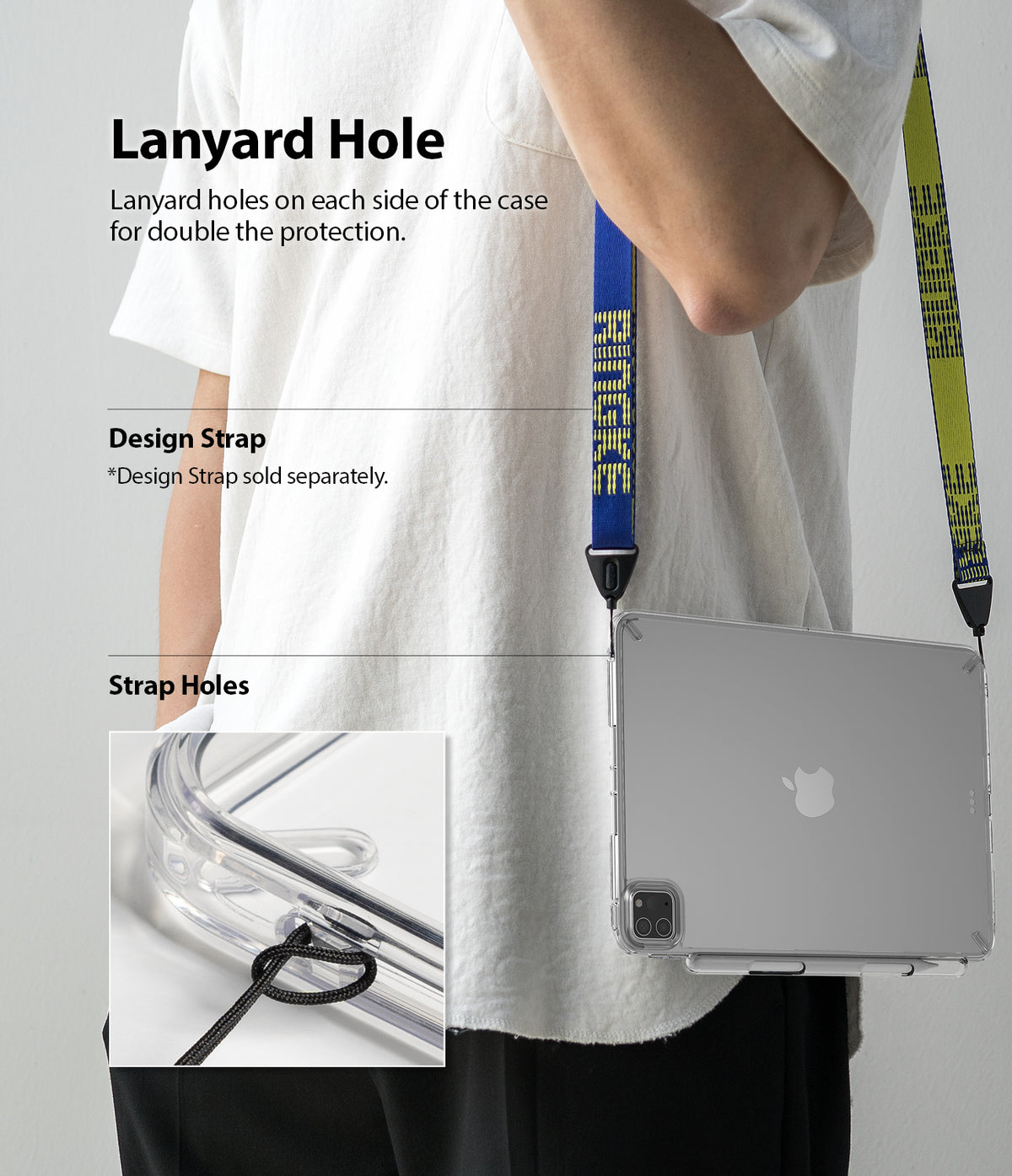 Fusion | iPad - Person wearing a clear iPad case with a colorful shoulder strap attached to integrated lanyard holes.