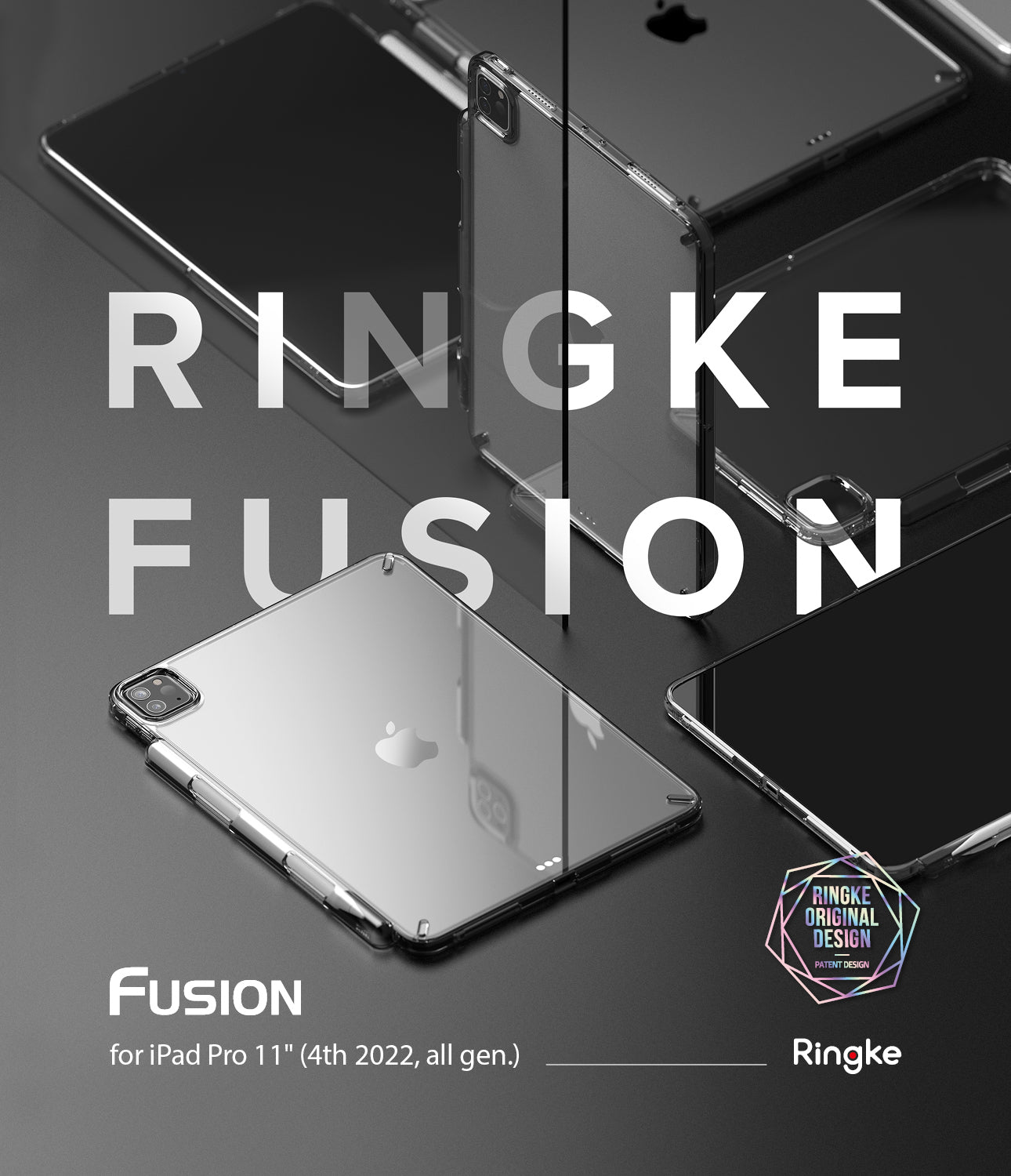Fusion | iPad - Clear Ringke Fusion protective cases displayed on multiple iPad Pro 11-inch tablets against a dark background.