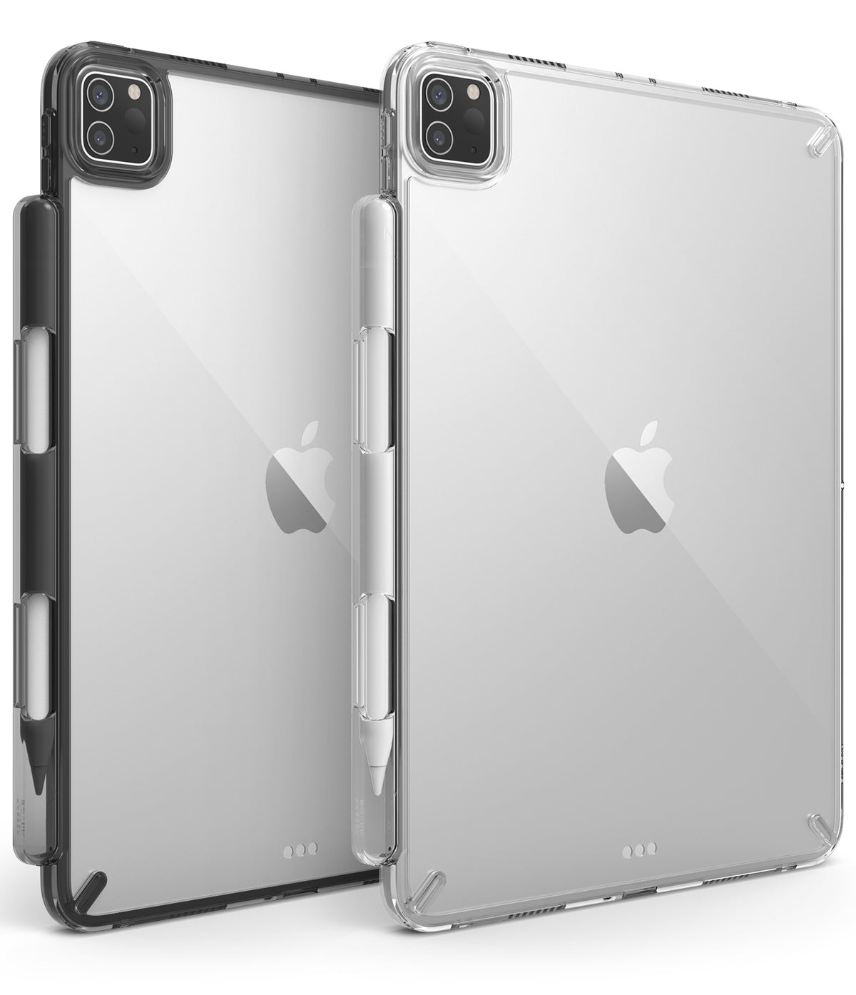 Fusion | iPad - Two transparent iPad cases in black and clear, each featuring a stylus holder and camera cutout.