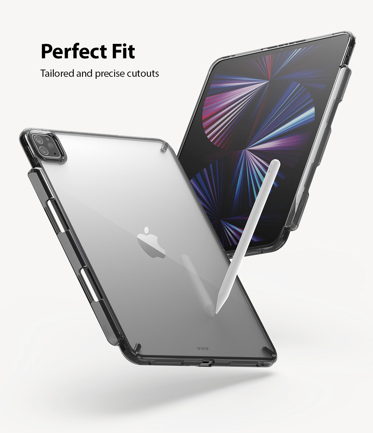 Fusion | iPad - Clear protective case on an iPad with a stylus, highlighting precise cutouts and a perfect fit.