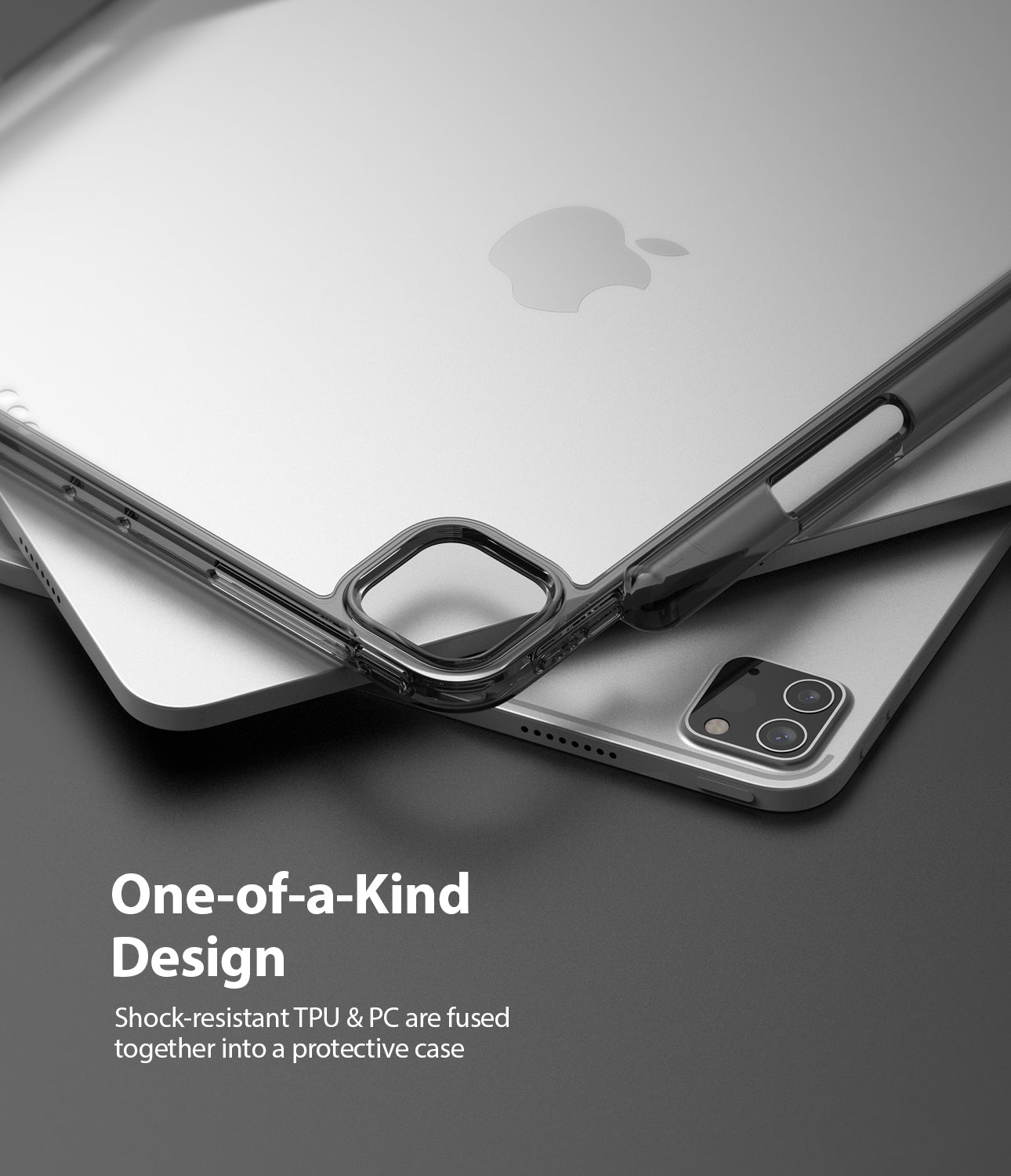 Fusion | iPad - A clear, shock-resistant protective case resting on a silver iPad, highlighting the fused TPU and PC design.