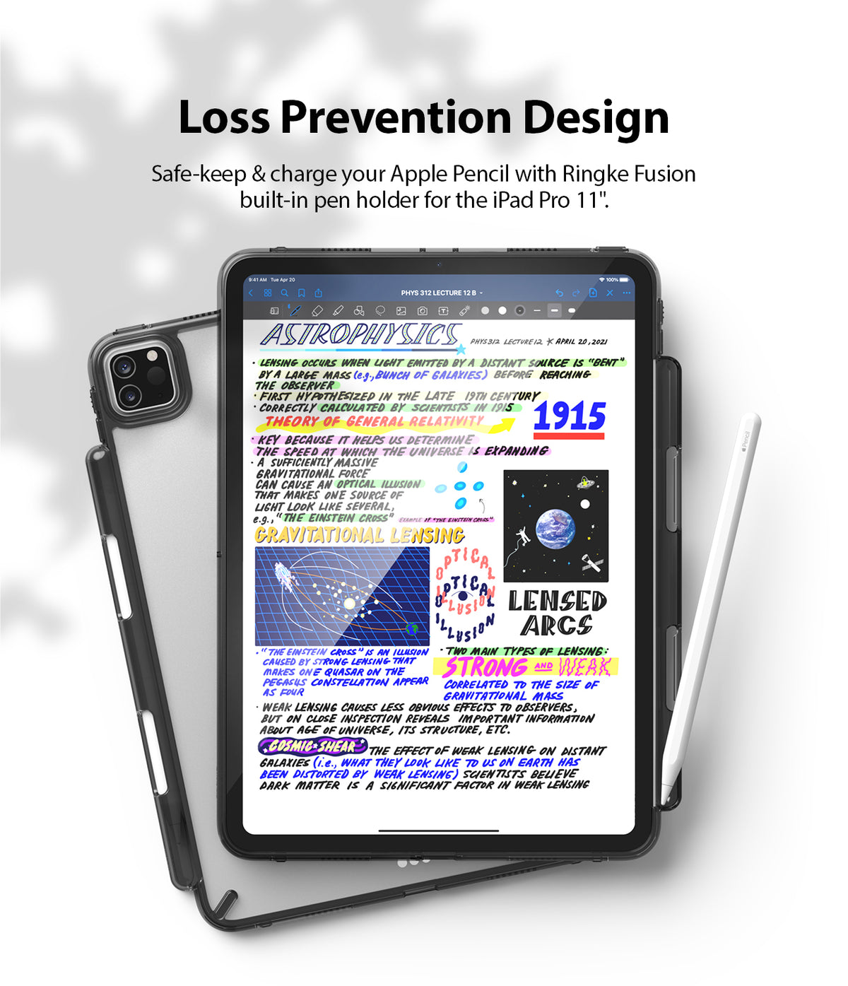 Fusion | iPad - iPad Pro 11 in a protective case with a built-in Apple Pencil holder displaying astrophysics lecture notes.