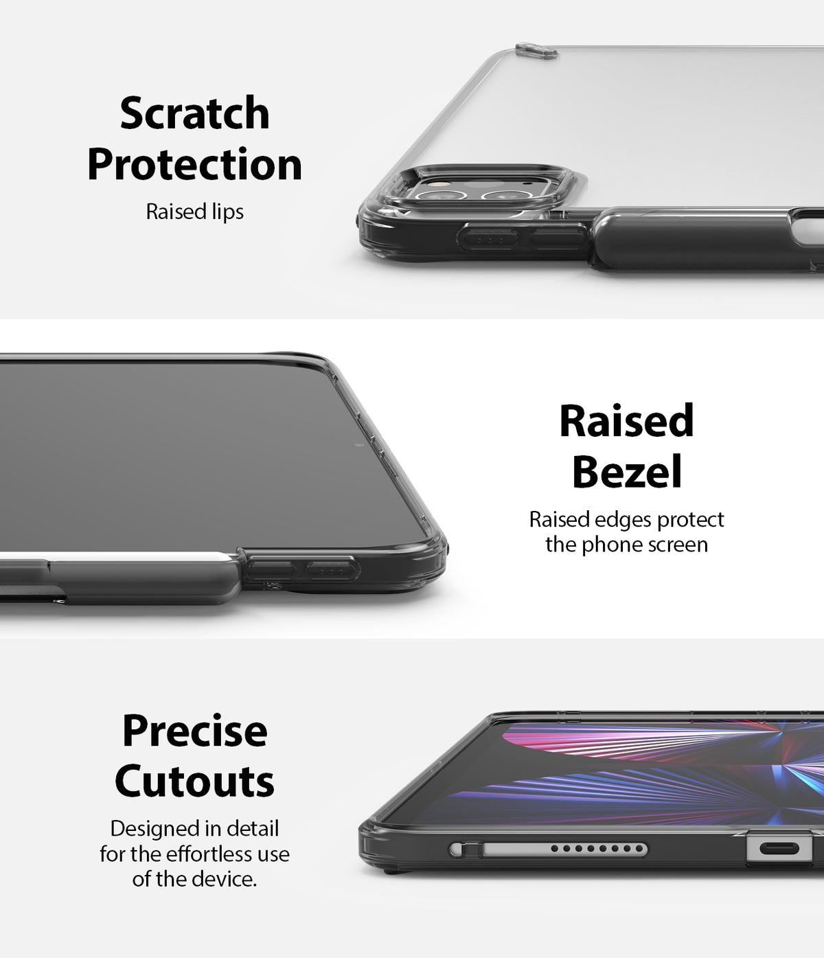 Fusion | iPad - Close-ups of a clear iPad case showing raised camera lips, protective screen bezels, and precise port cutouts.