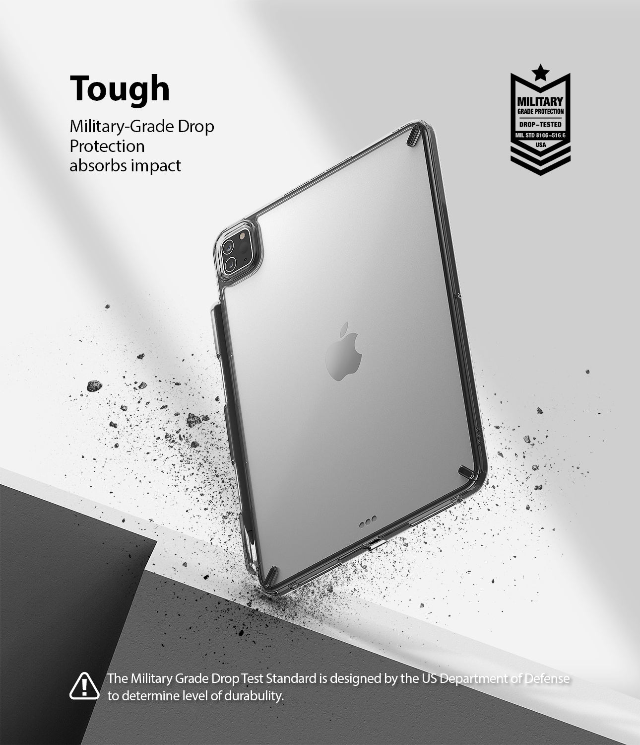 Fusion | iPad - Clear protective case on an iPad with military-grade drop protection branding and debris effects.