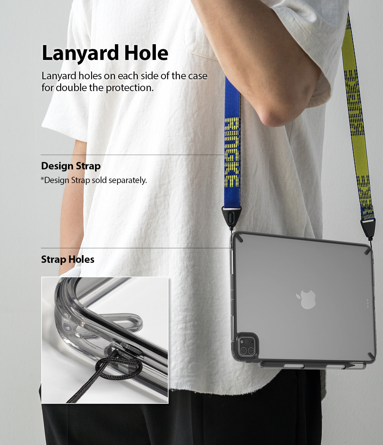 Fusion | iPad - Person wearing an iPad in a clear case with a blue and yellow shoulder strap, showing detail of strap holes.
