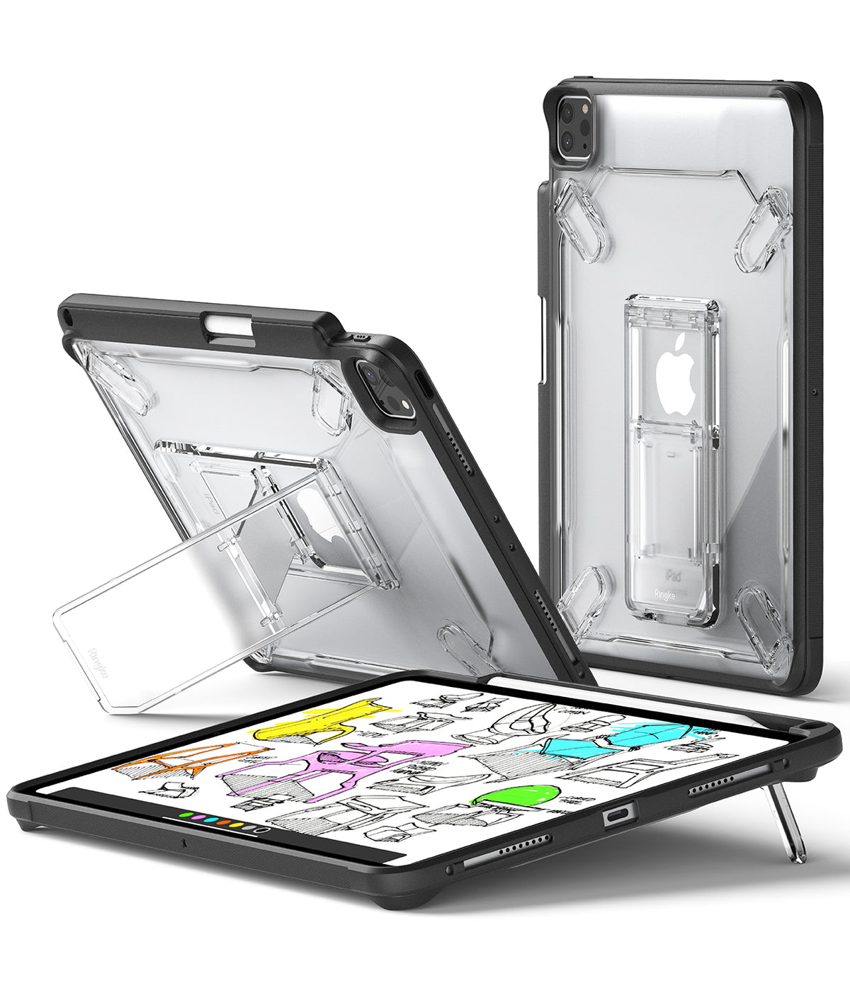 Fusion Sketch Stand | iPad - Clear protective iPad case with integrated folding kickstand shown in multiple viewing angles.