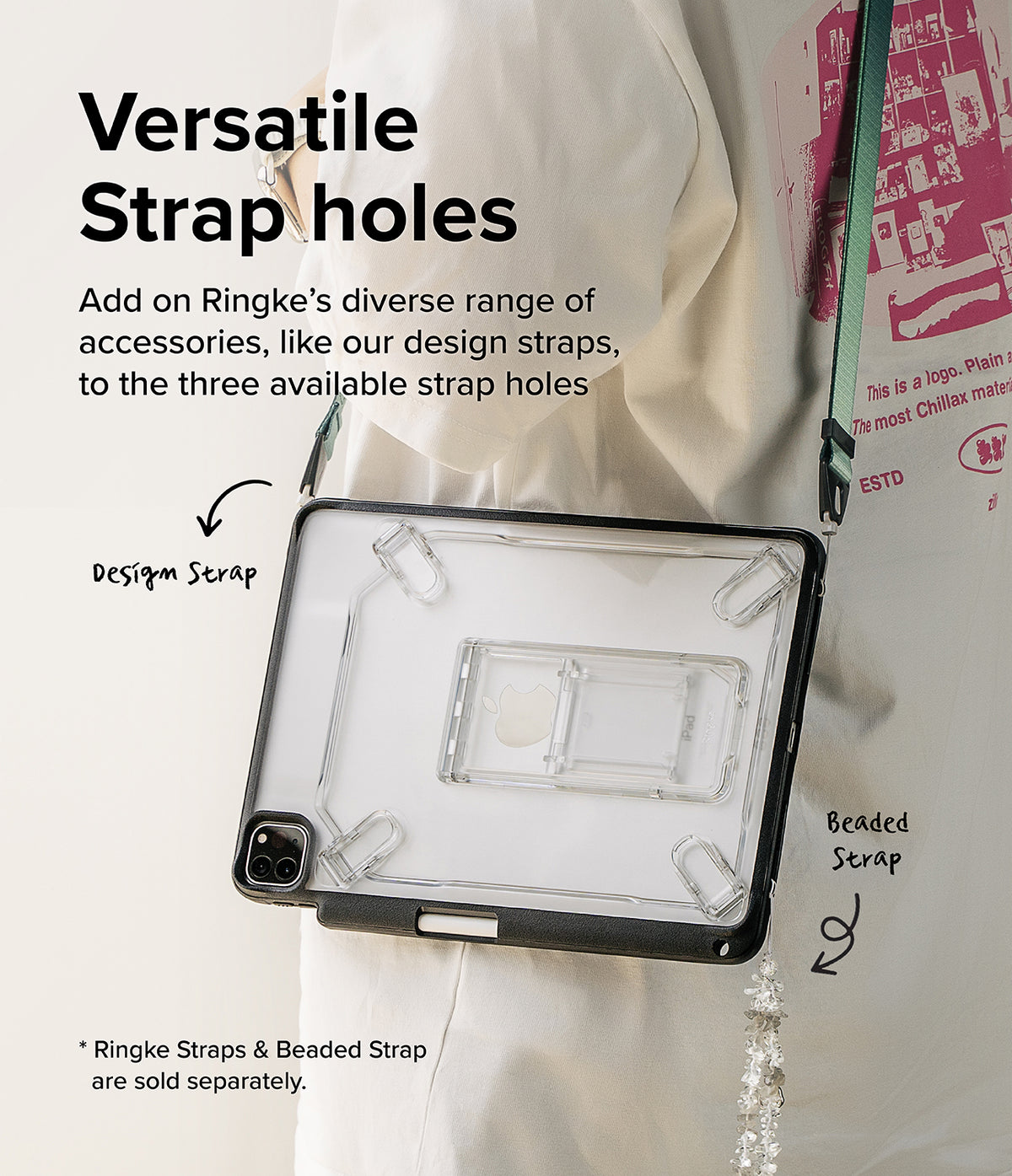Fusion Sketch Stand | iPad - A person wearing a clear iPad case with integrated strap holes and a shoulder strap attached.