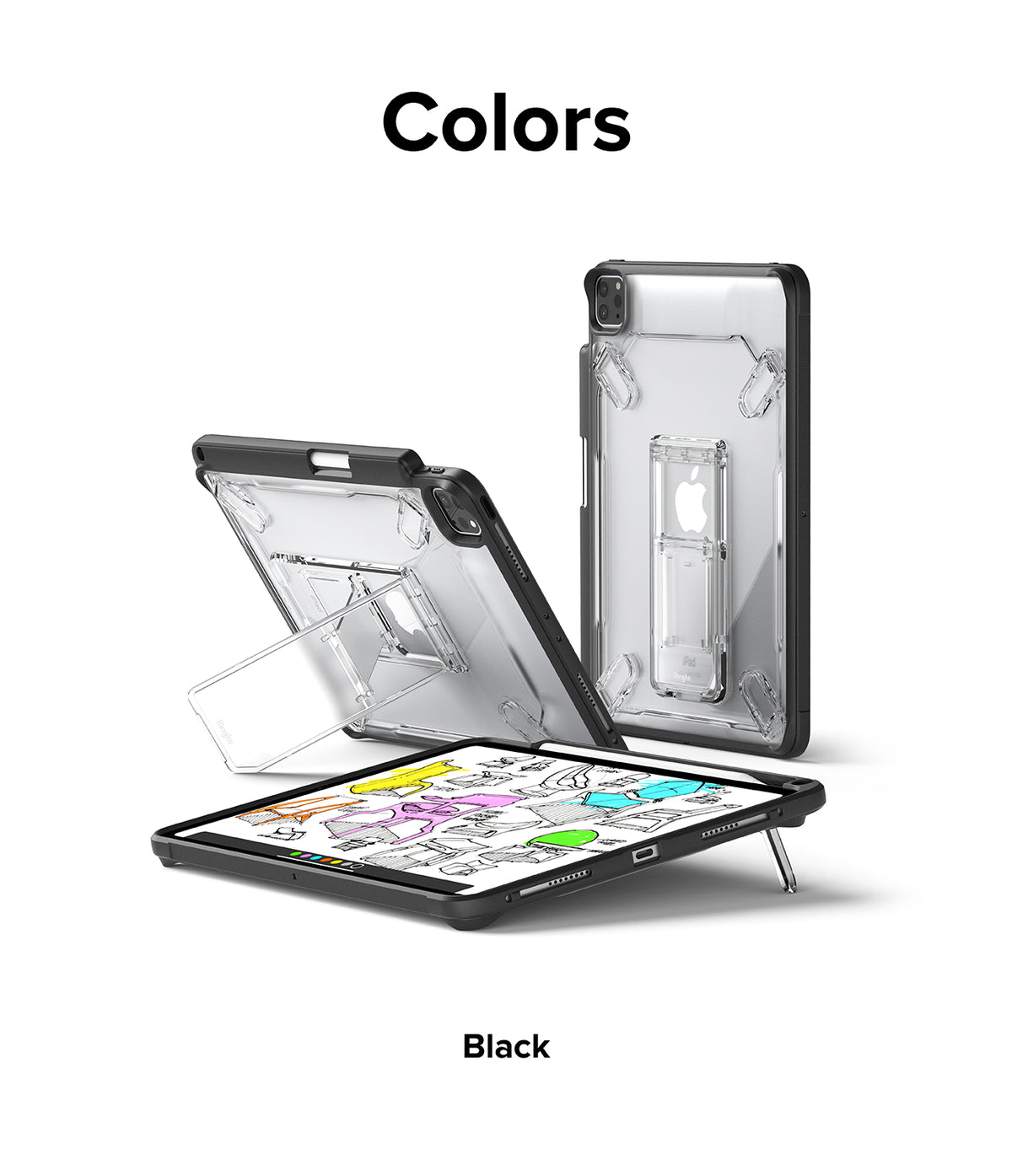 Fusion Sketch Stand | iPad - Black iPad cases with integrated clear kickstands shown in upright and angled positions.