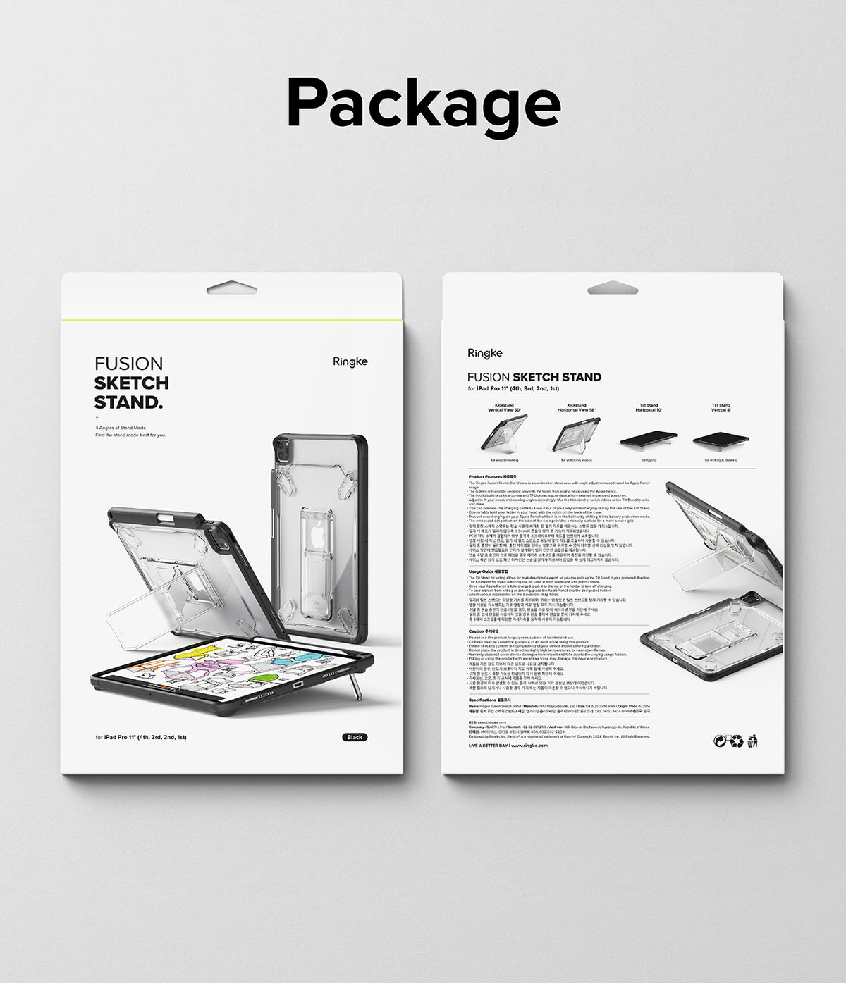 Fusion Sketch Stand | iPad - Front and back packaging for an iPad Pro case showing the stand in various viewing angles.