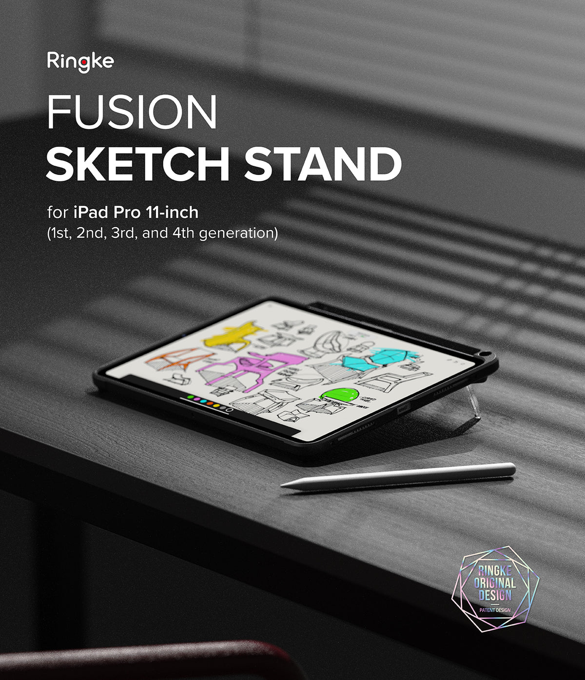 Fusion Sketch Stand | iPad - iPad Pro on a stand displaying a digital sketch with a stylus resting on a dark desk.