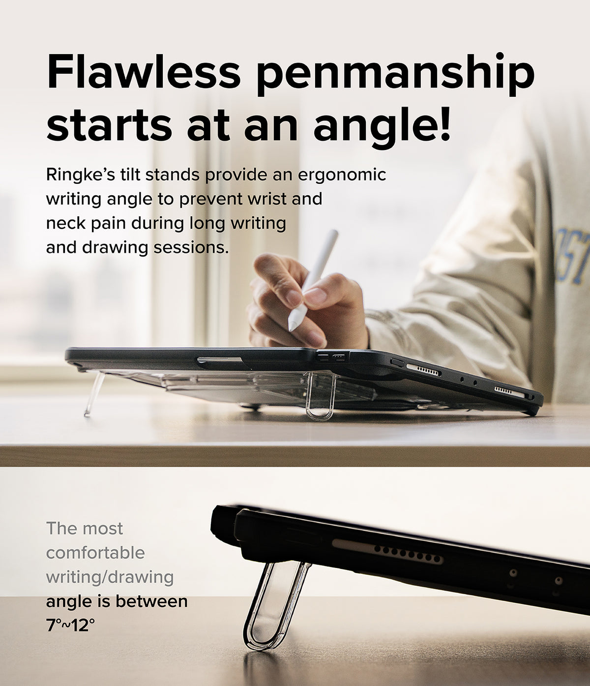 Fusion Sketch Stand | iPad - iPad tilted on a transparent stand with a hand using a stylus to write on the screen.