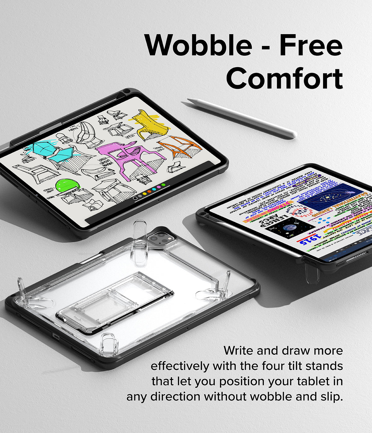 Fusion Sketch Stand | iPad - Two tablets on a stand with four adjustable tilt clips, showing drawing and reading modes.
