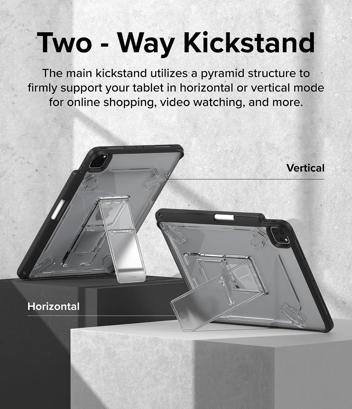 Fusion Sketch Stand | iPad - Two iPads in clear cases with pyramid kickstands displayed in vertical and horizontal orientations.