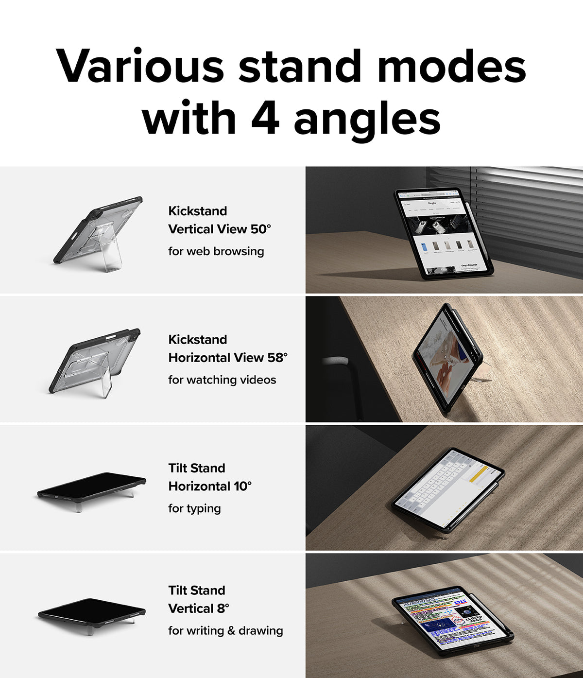 Fusion Sketch Stand | iPad - Four iPad stand modes showing vertical and horizontal viewing and typing angles.