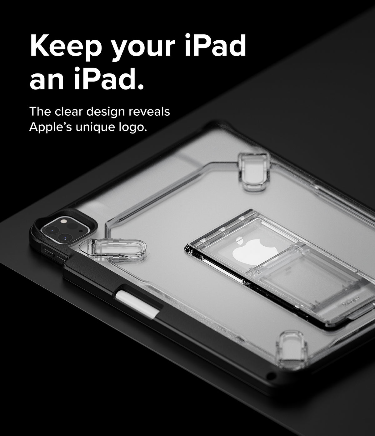 Fusion Sketch Stand | iPad - Clear iPad case with a built-in kickstand revealing the Apple logo against a black background.