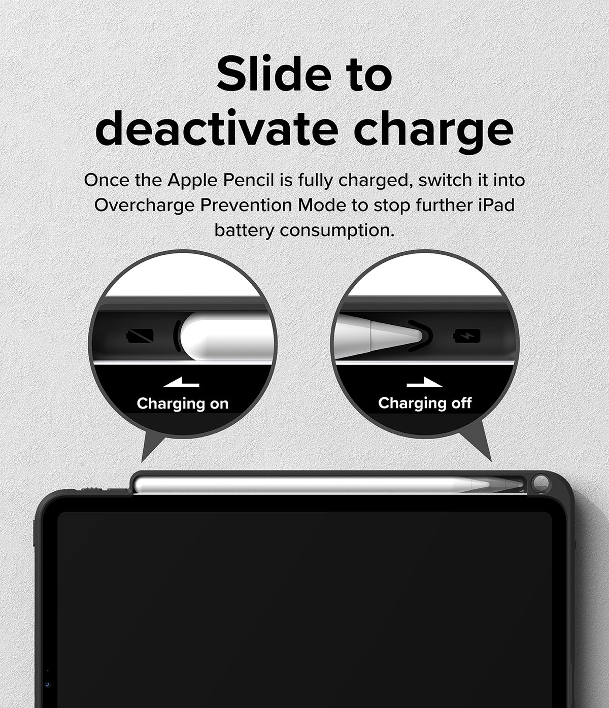 Fusion Sketch Stand | iPad - Diagram showing how to slide the Apple Pencil to toggle charging on or off on an iPad.